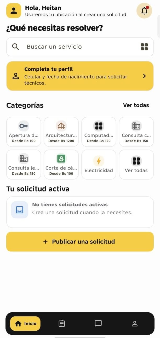 Pantalla de inicio de la aplicación Te Resuelvo: buscador de servicios, categorías y botón para publicar una solicitud